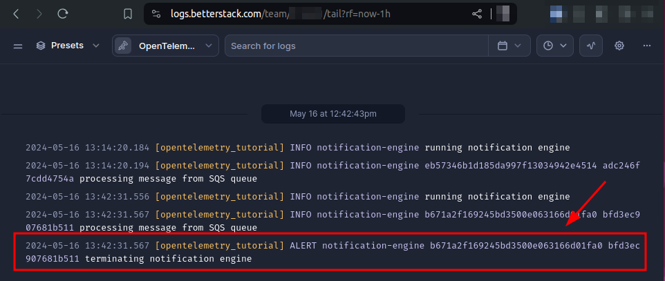 Better Stack alert log