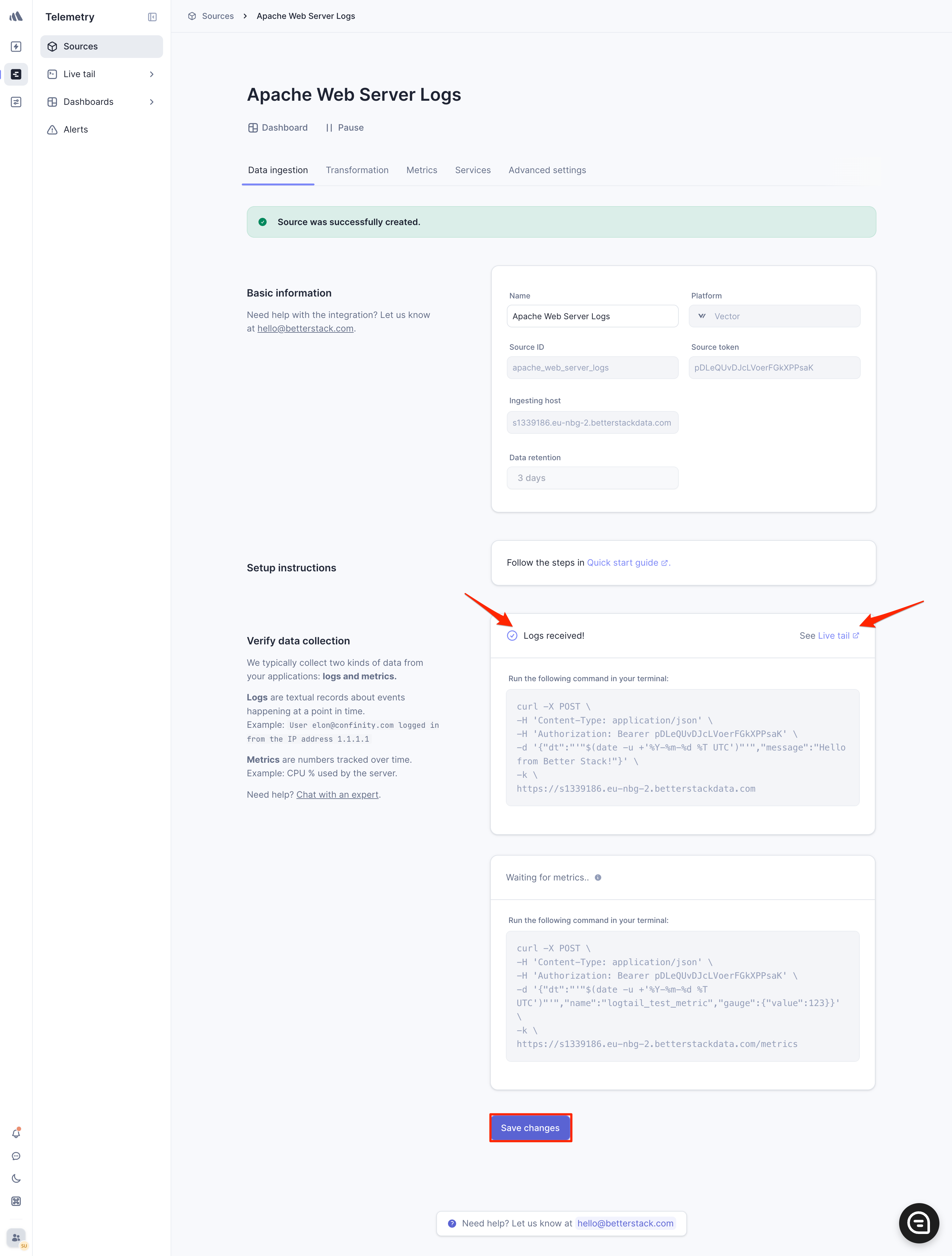 Better Stack source status showing 'Logs received!' and the Live Tail button ready to be clicked