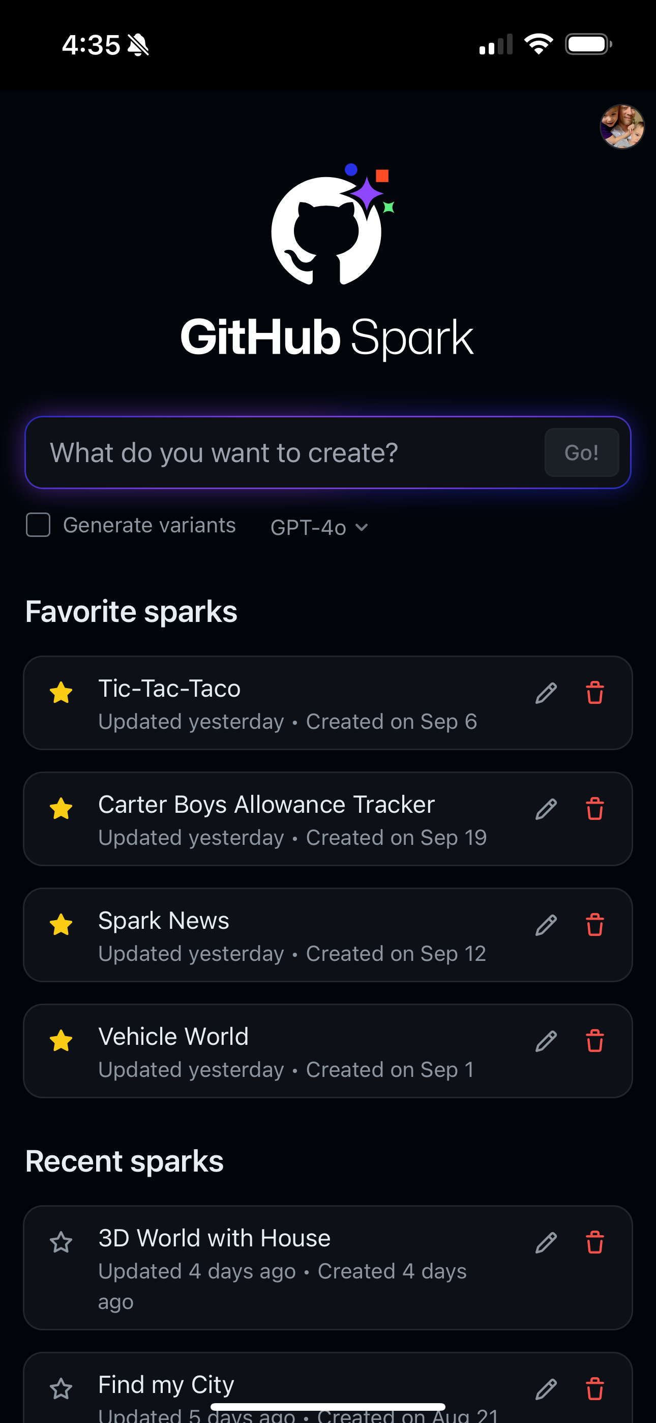 Screenshot of GitHub Spark's PWA dashboard showing spark management and mobile access
