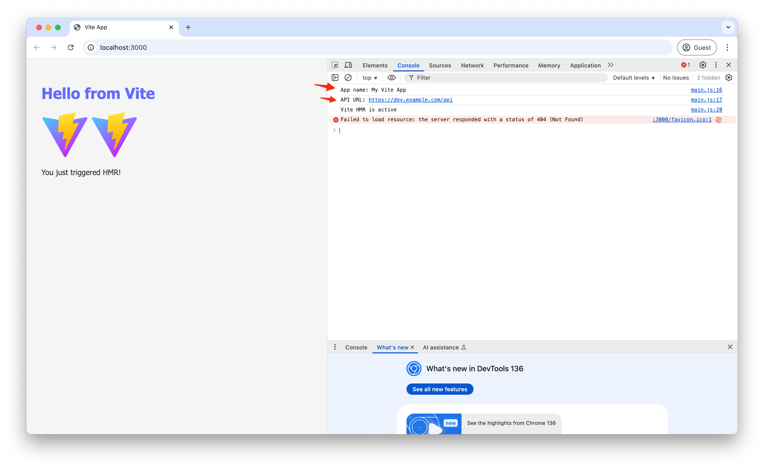Screenshot of the dev console containing the `.env` values