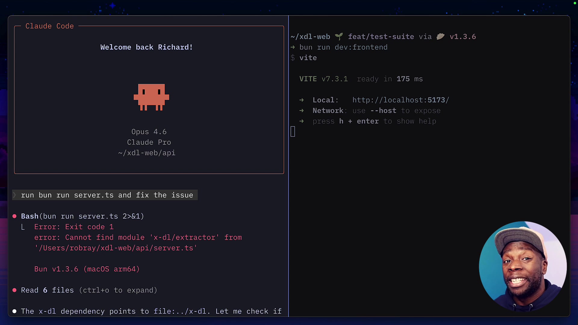 An error message in the terminal shows "error: Cannot find module 'x-dl/extractor' from '/Users/robray/x-dl-web/api/server.ts'".