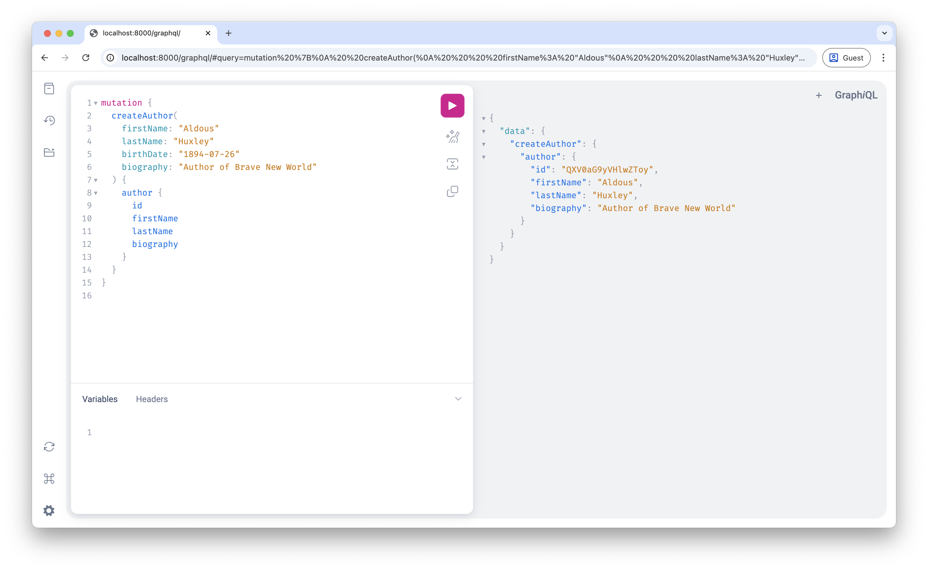 Screenshot showing the create author mutation results in GraphiQL