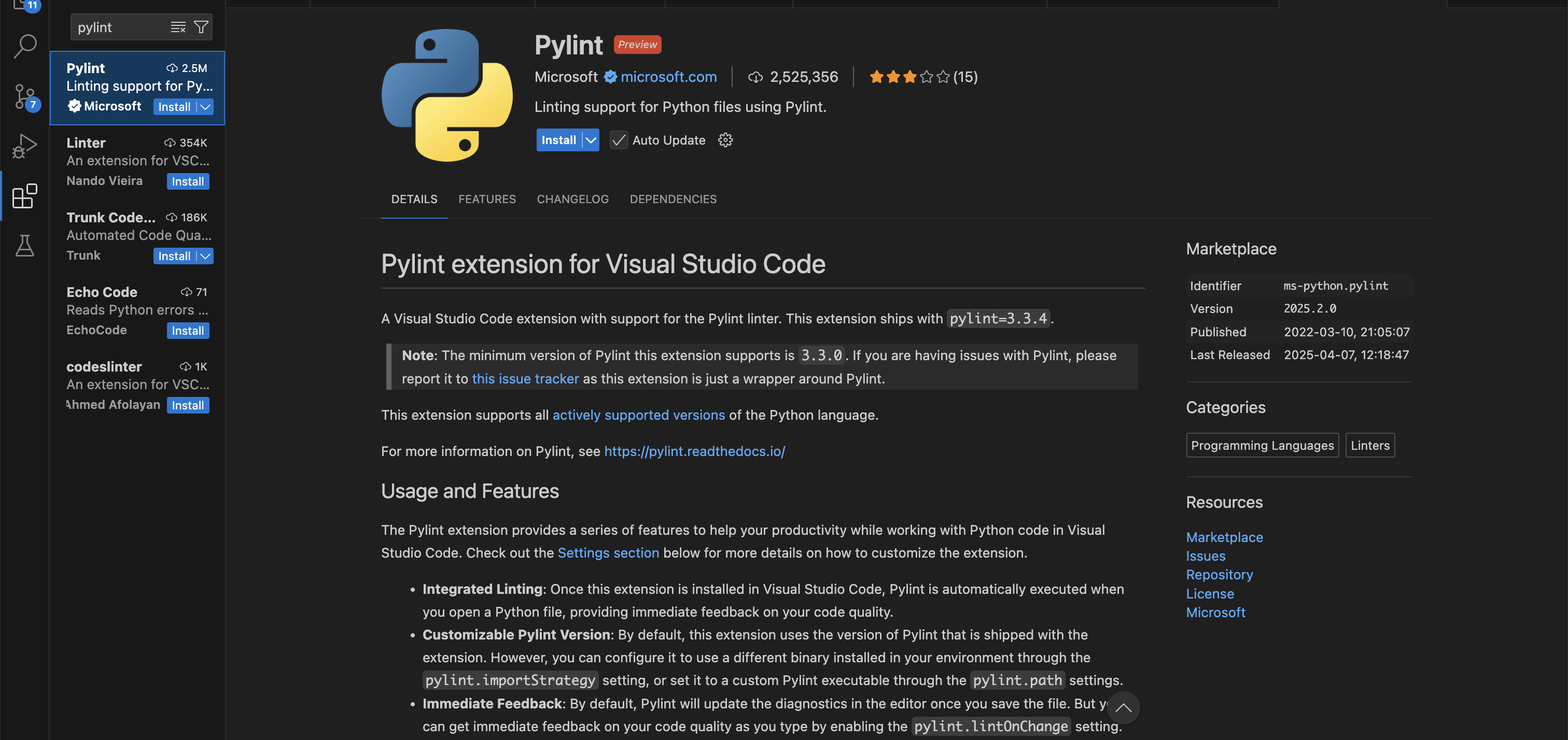 Screenshot of the pylint extension in VSCode