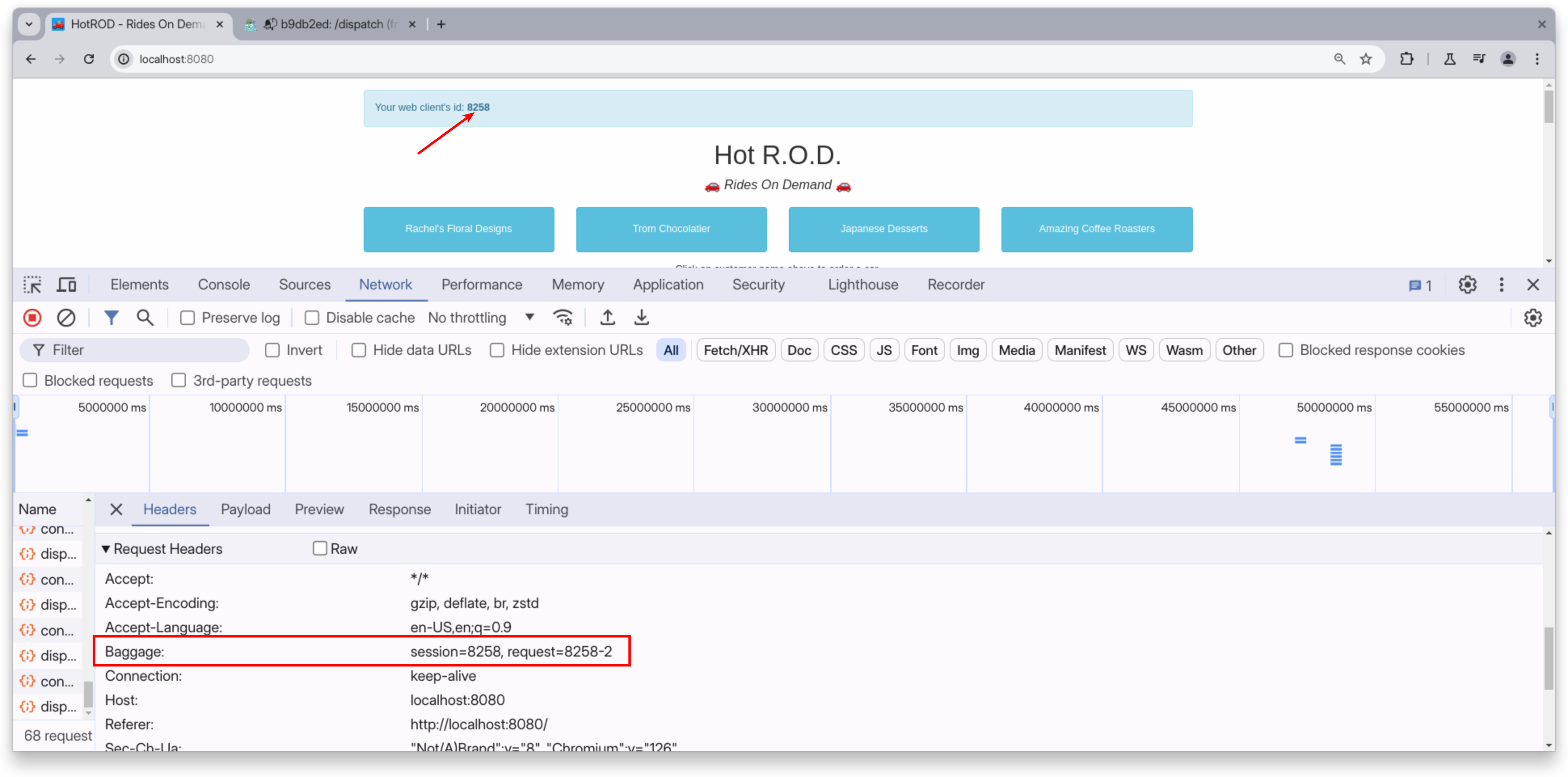Baggage request header in Chrome DevTools