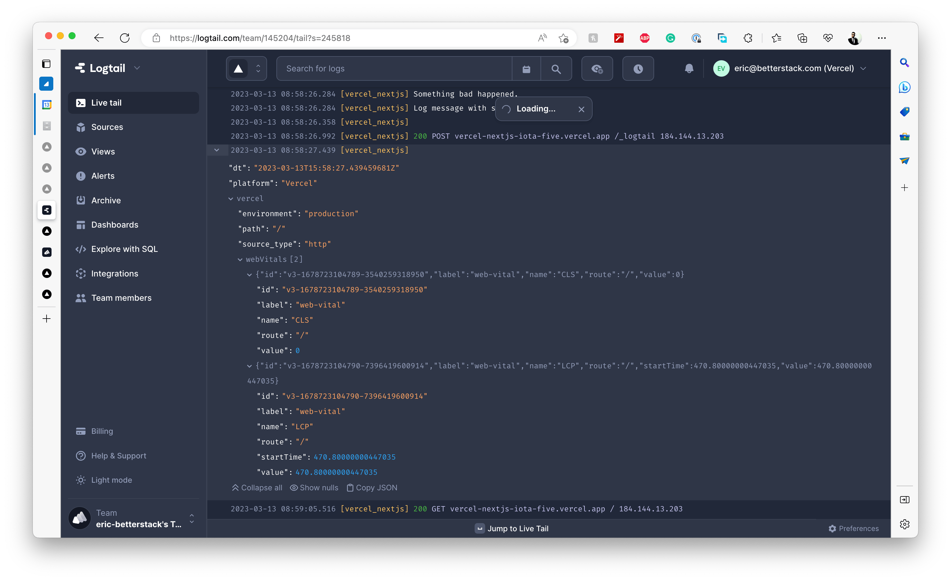 web vitals in Logtail