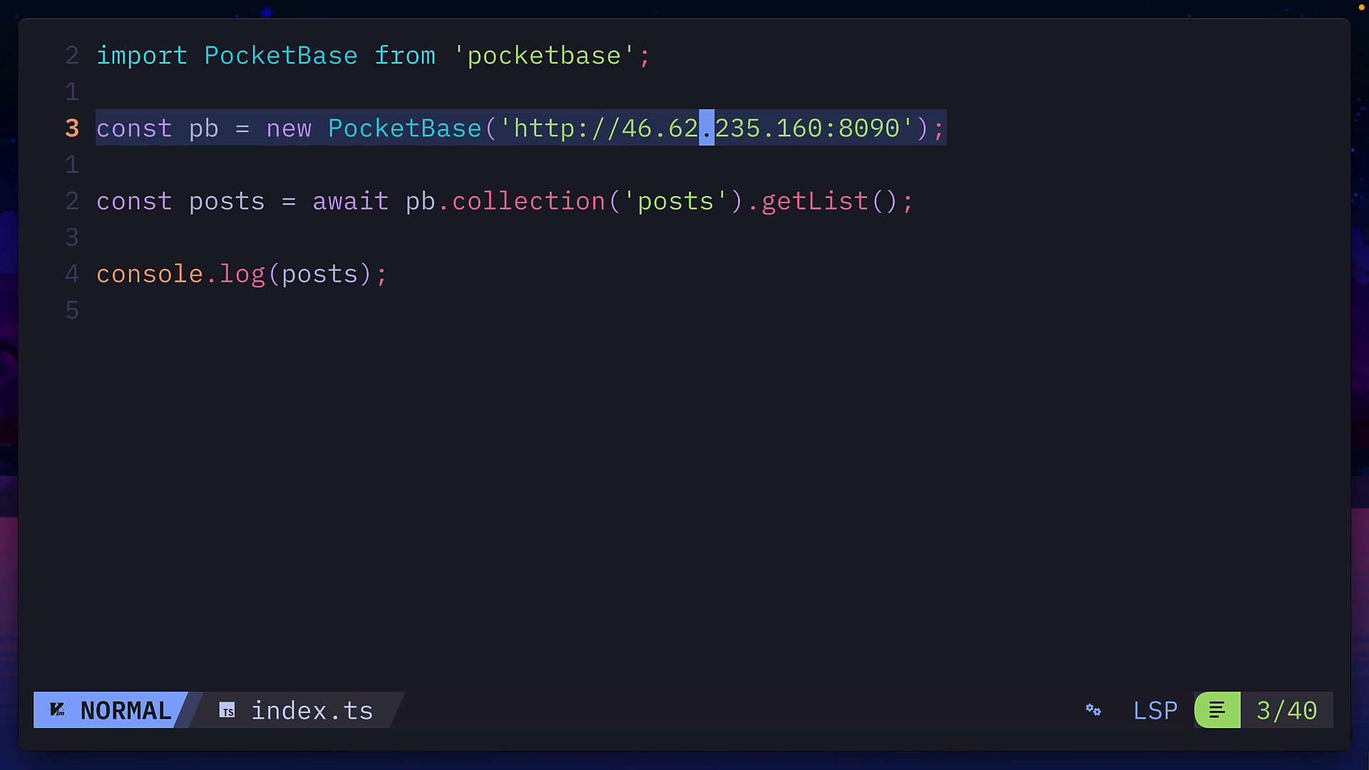A code editor displaying a JavaScript snippet for connecting to a PocketBase instance and fetching data from a collection.