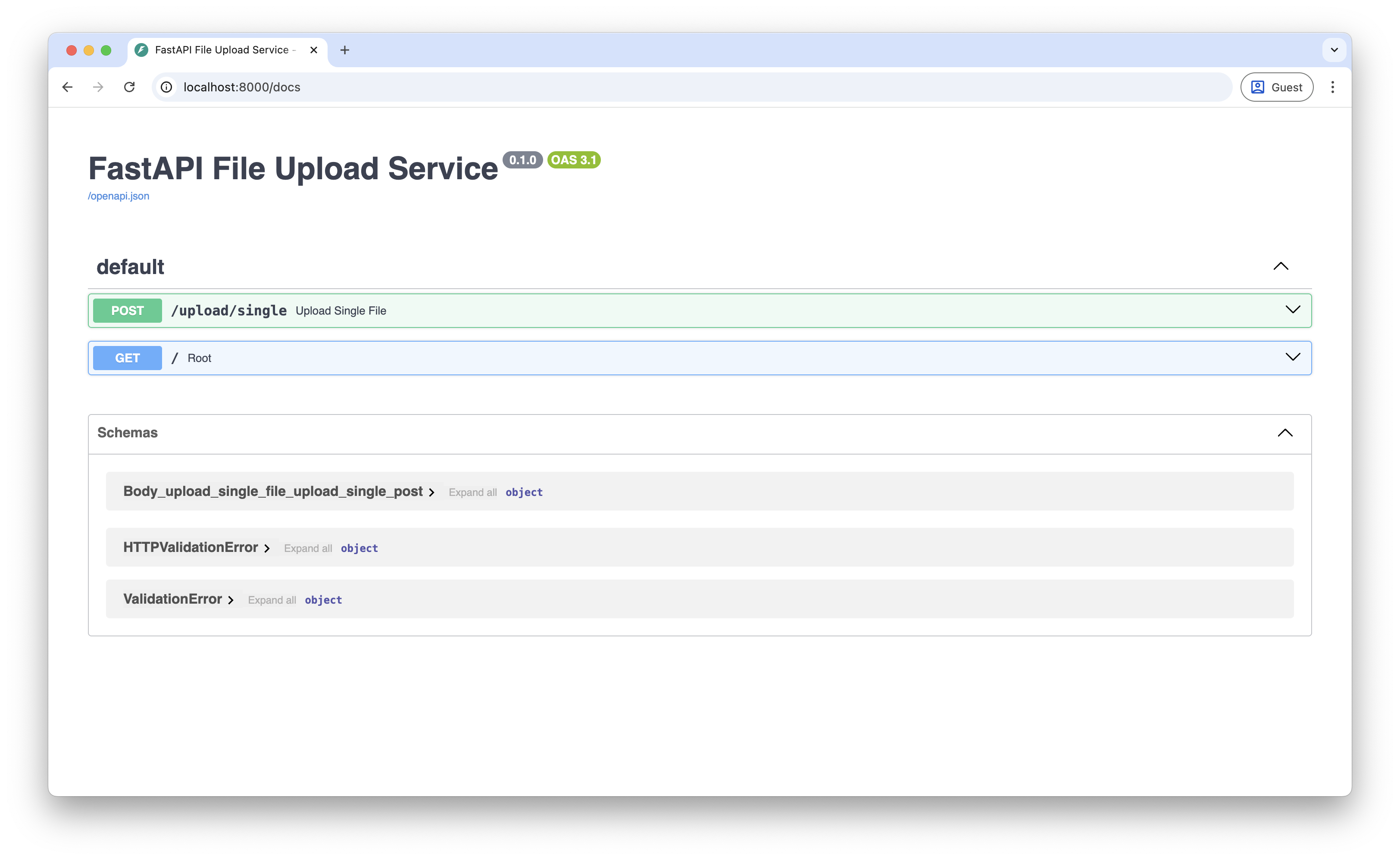 Screenshot of FastAPI's SwaggerUI documentation interface showing the file upload endpoints and interactive testing features