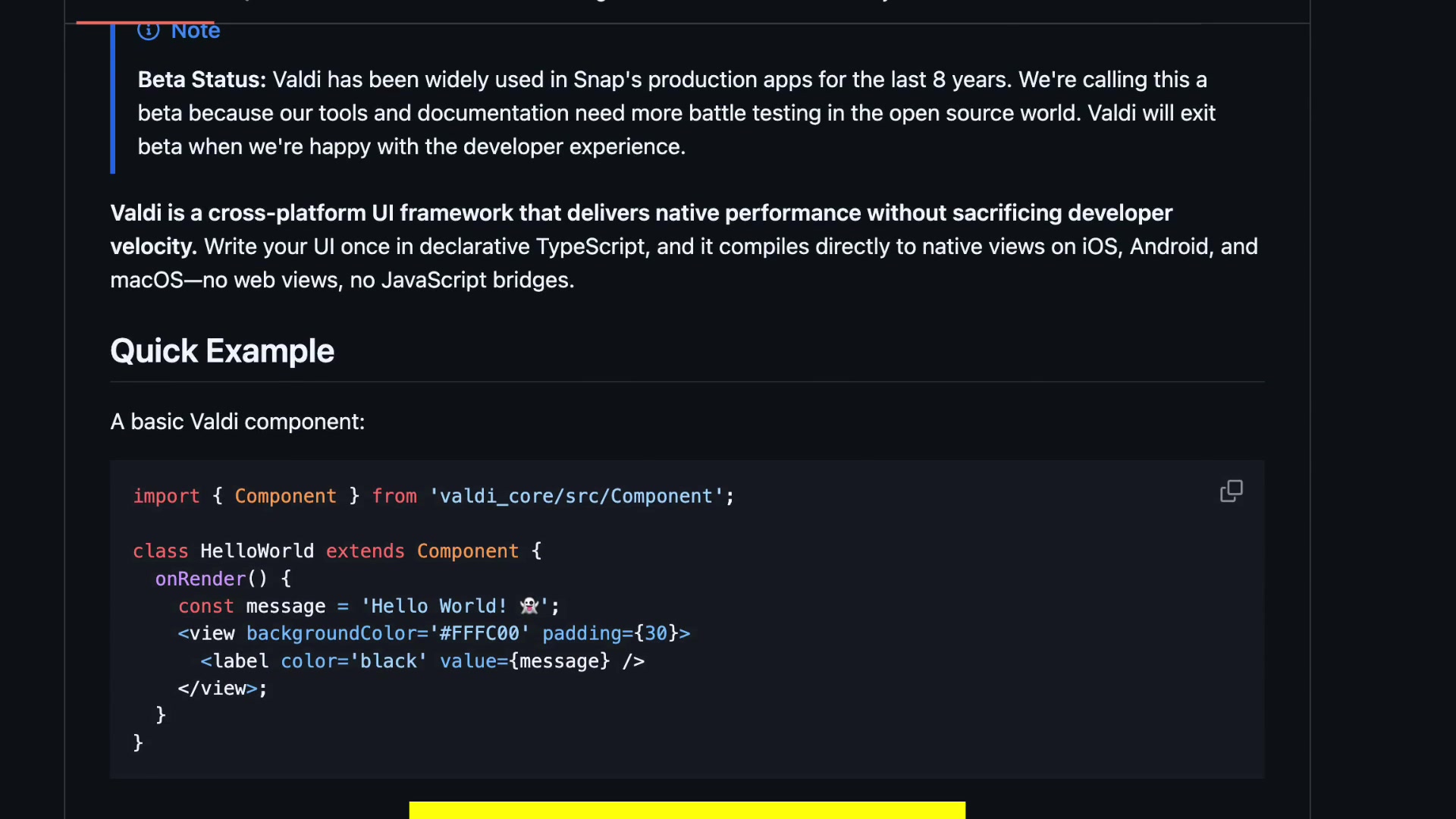 The "Quick Example" from Valdi's GitHub page, showing a complete, basic `HelloWorld` component.