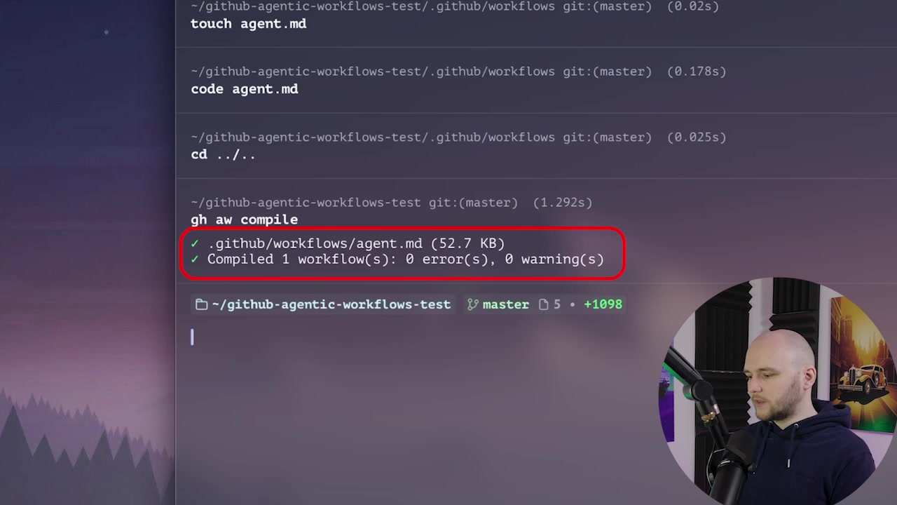 Terminal output showing successful gh aw compile