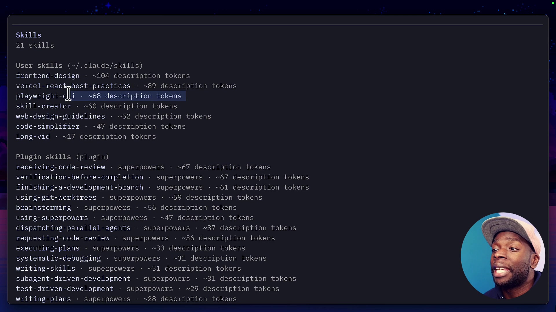 The agent's terminal displaying a list of available skills. The `playwright-cli` skill is clearly visible, with its description token count noted as a mere 68 tokens.
