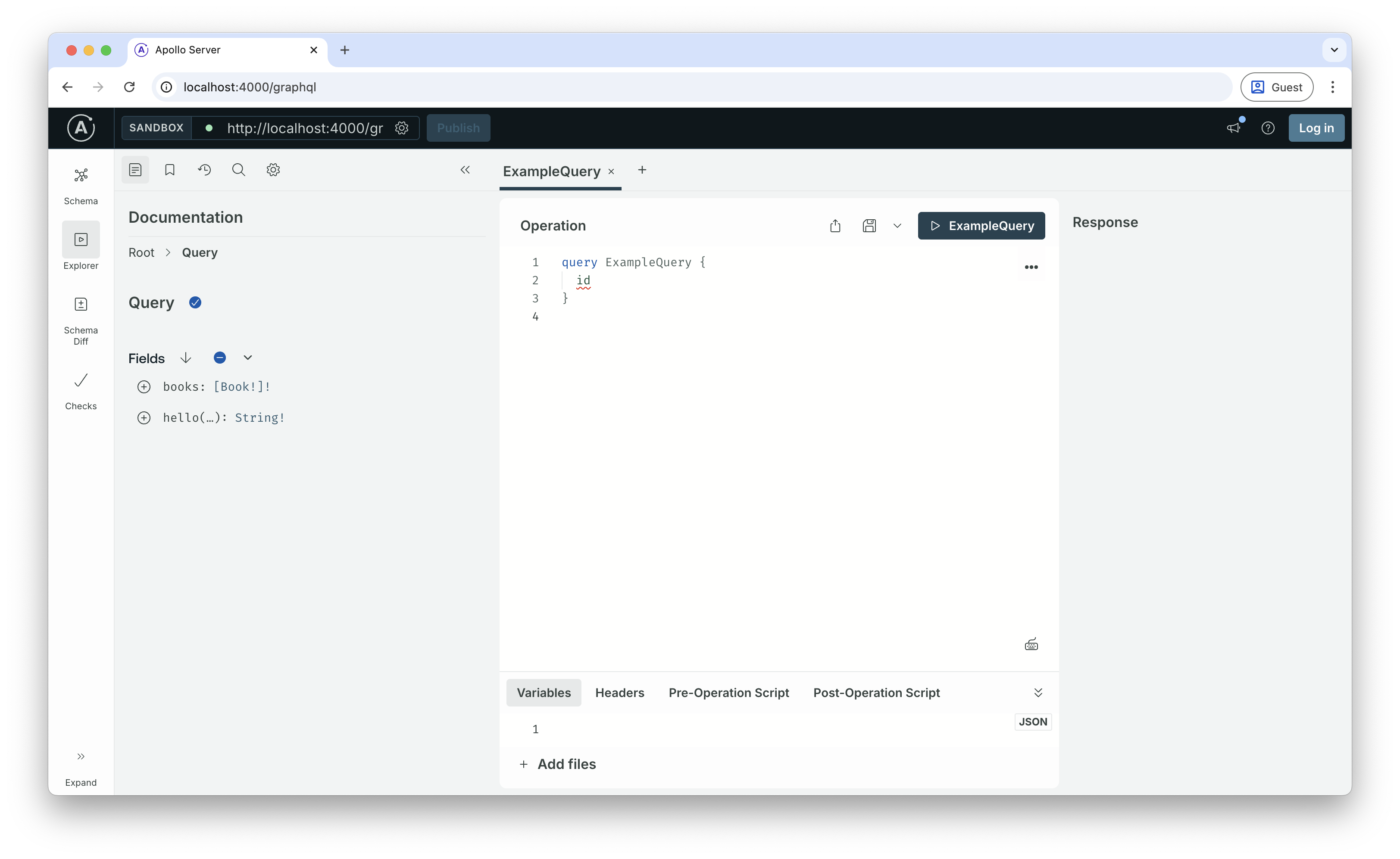 Apollo Studio interface showing the GraphQL playground
