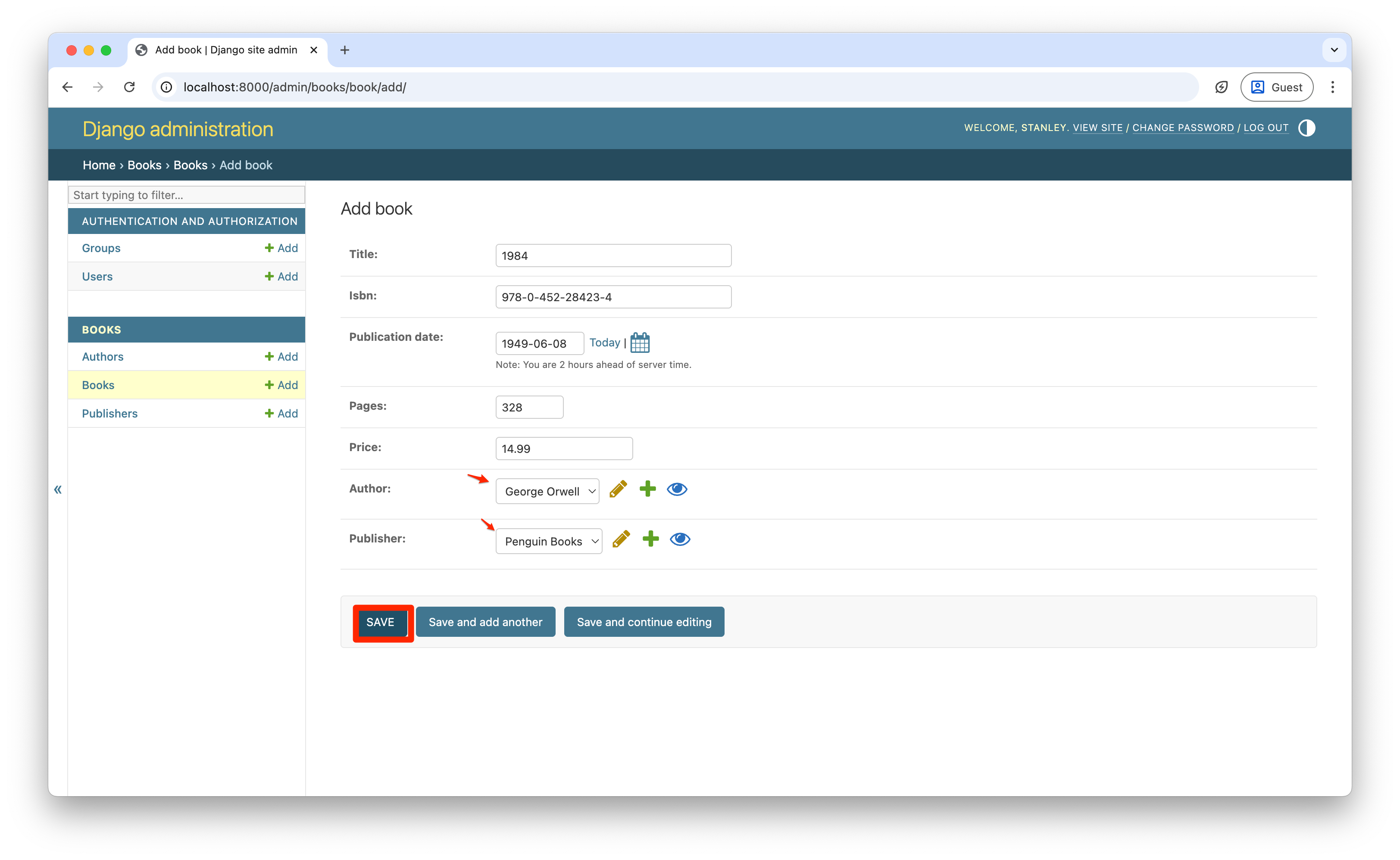 Screenshot showing the Django admin add book form