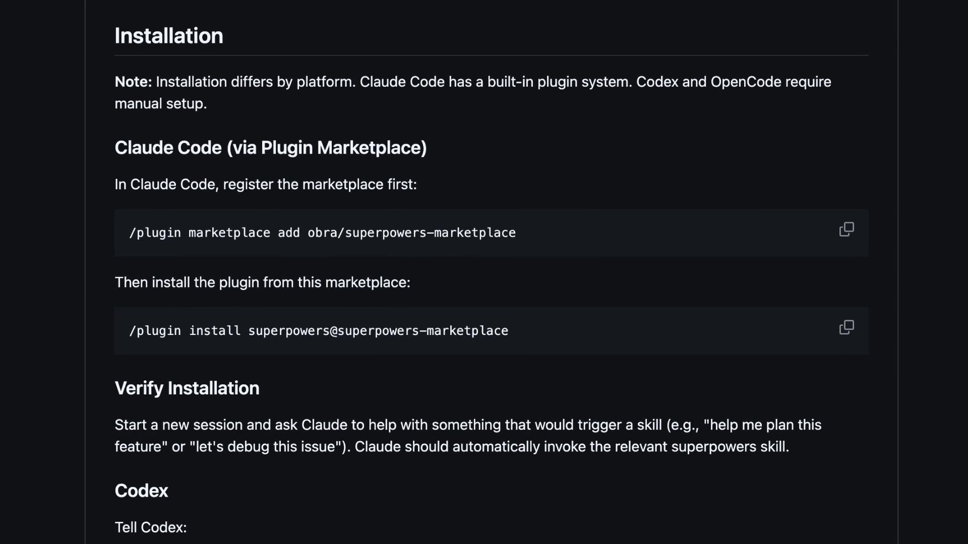 The terminal shows the commands for installing the Superpowers plugin.