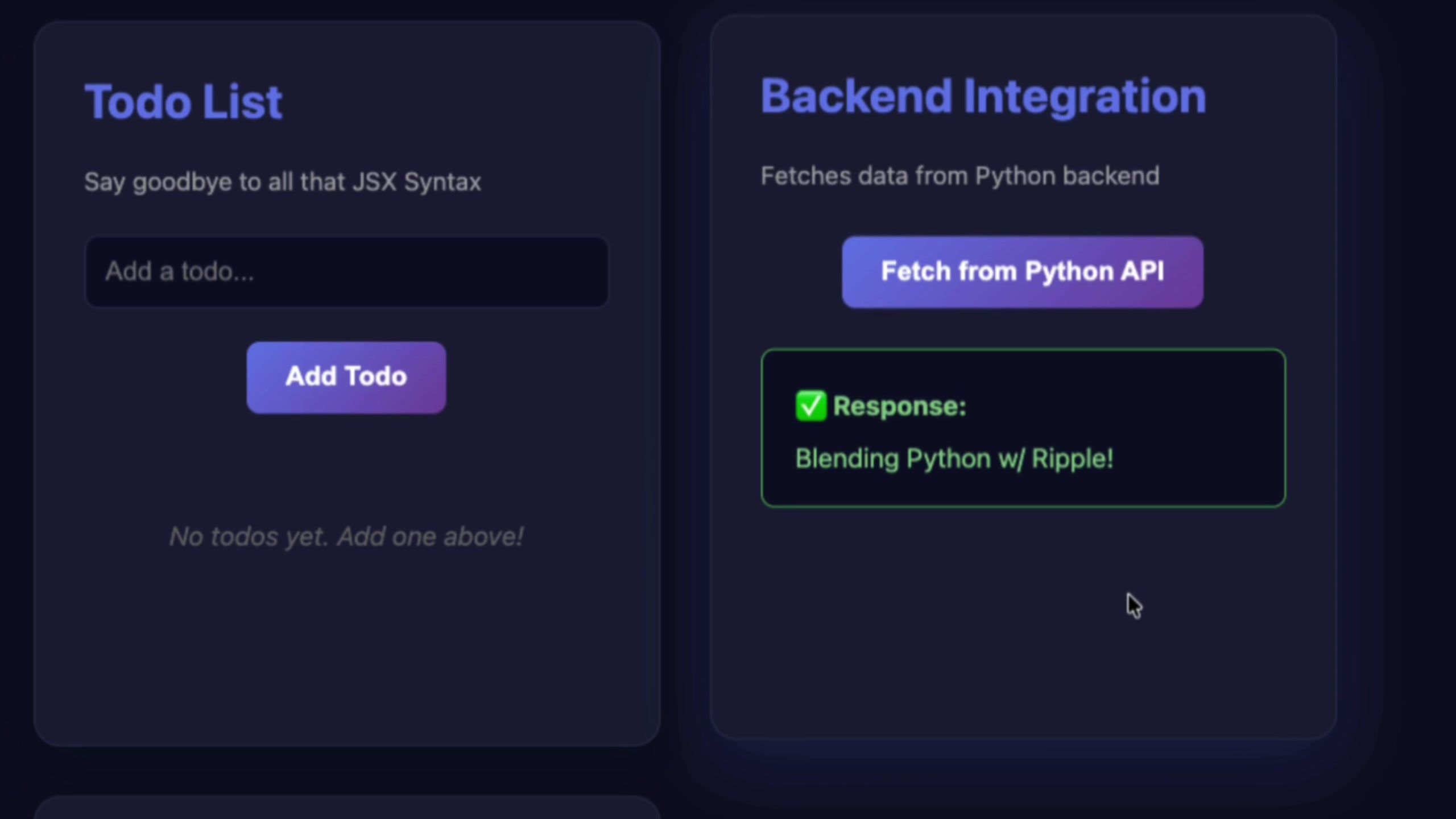 UI showing successful response from the backend: "Response: Blending Python w/ Ripple!"