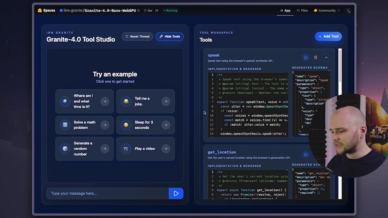 The "TOOL WORKSPACE" panel in the demo, displaying the JavaScript implementation and JSON schema for tools like `speak`, `get_location`, and `get_time`.