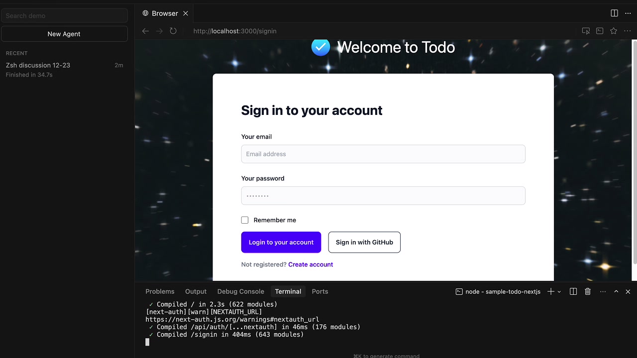 A split-screen view within Cursor. On the left is the code editor and agent panel, and on the right is a fully rendered web page inside the integrated browser, showing a "Welcome to Todo" application sign-in form.