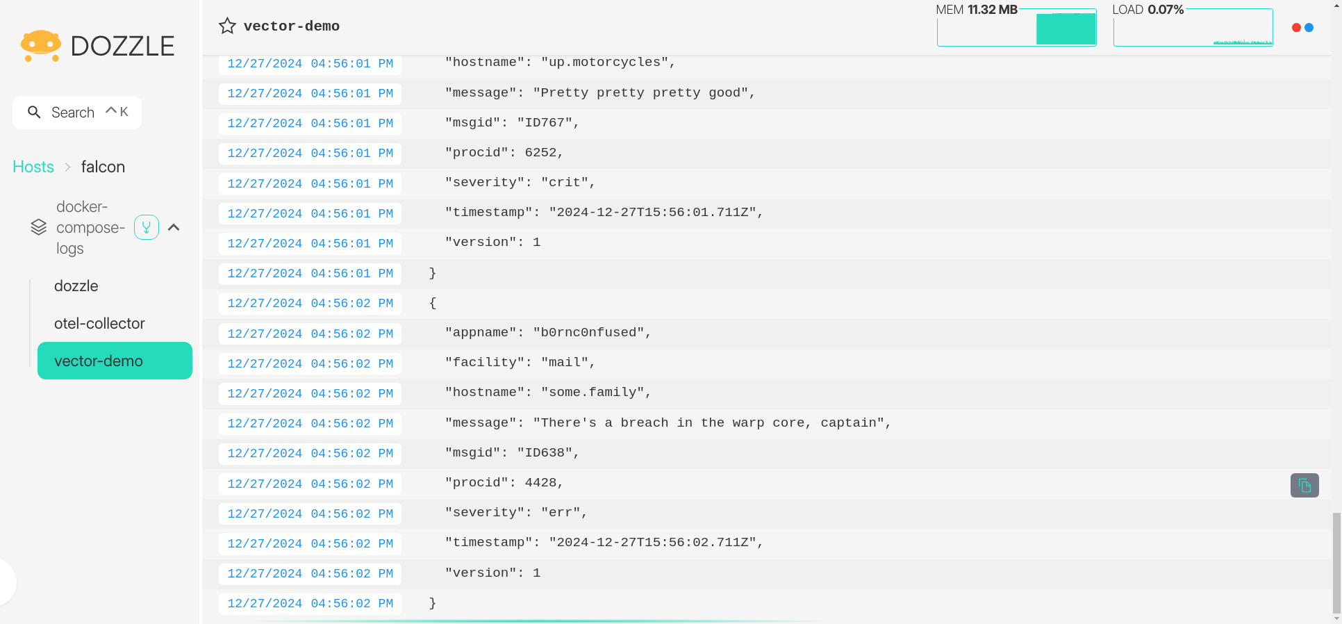 Dozzle interface showing Docker Compose logs
