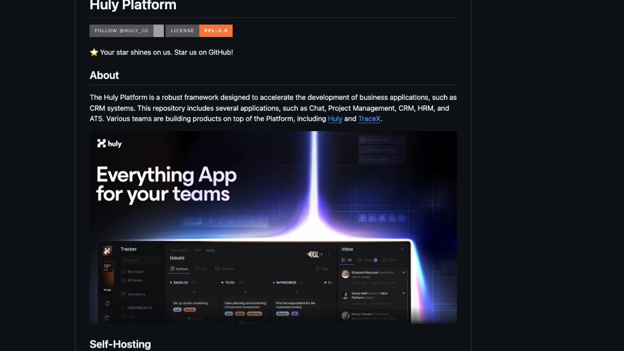 A clear screenshot of the Huly Platform's GitHub page, which includes the tagline "Everything App for your teams" and a preview of the application's user interface.