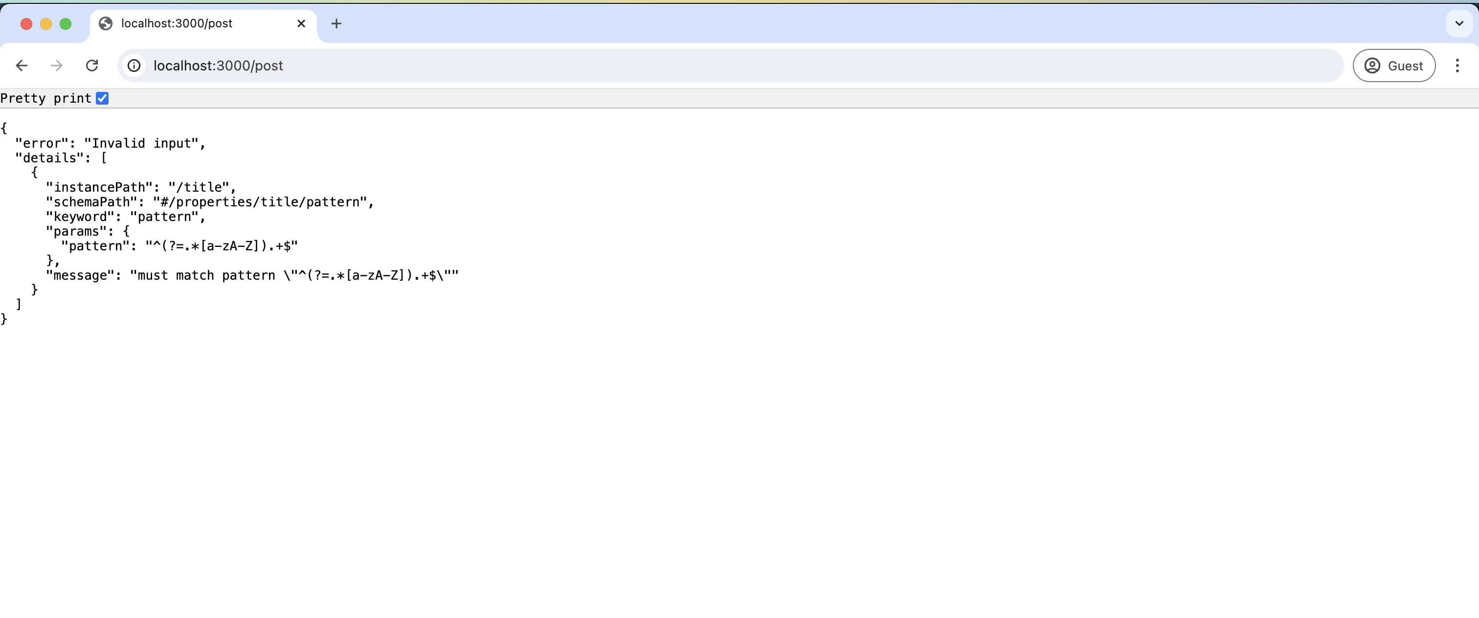 Screenshot of validation with an error message