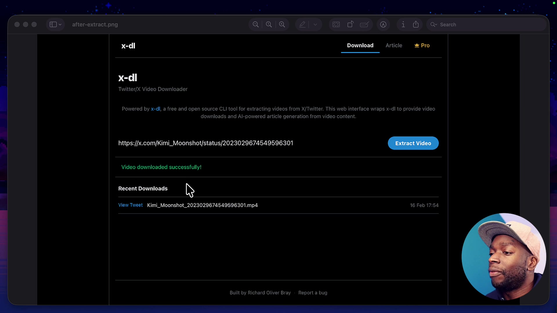 The screenshot file `after-extract.png` is opened, clearly showing the "Video downloaded successfully!" message and the downloaded file listed in the "Recent Downloads" section.