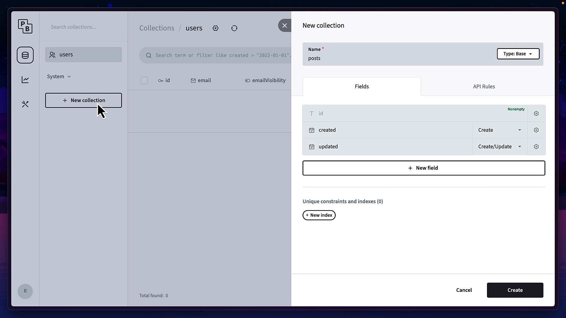 The PocketBase admin UI showing the "New collection" creation modal, where the user is adding fields like title, content, and published.