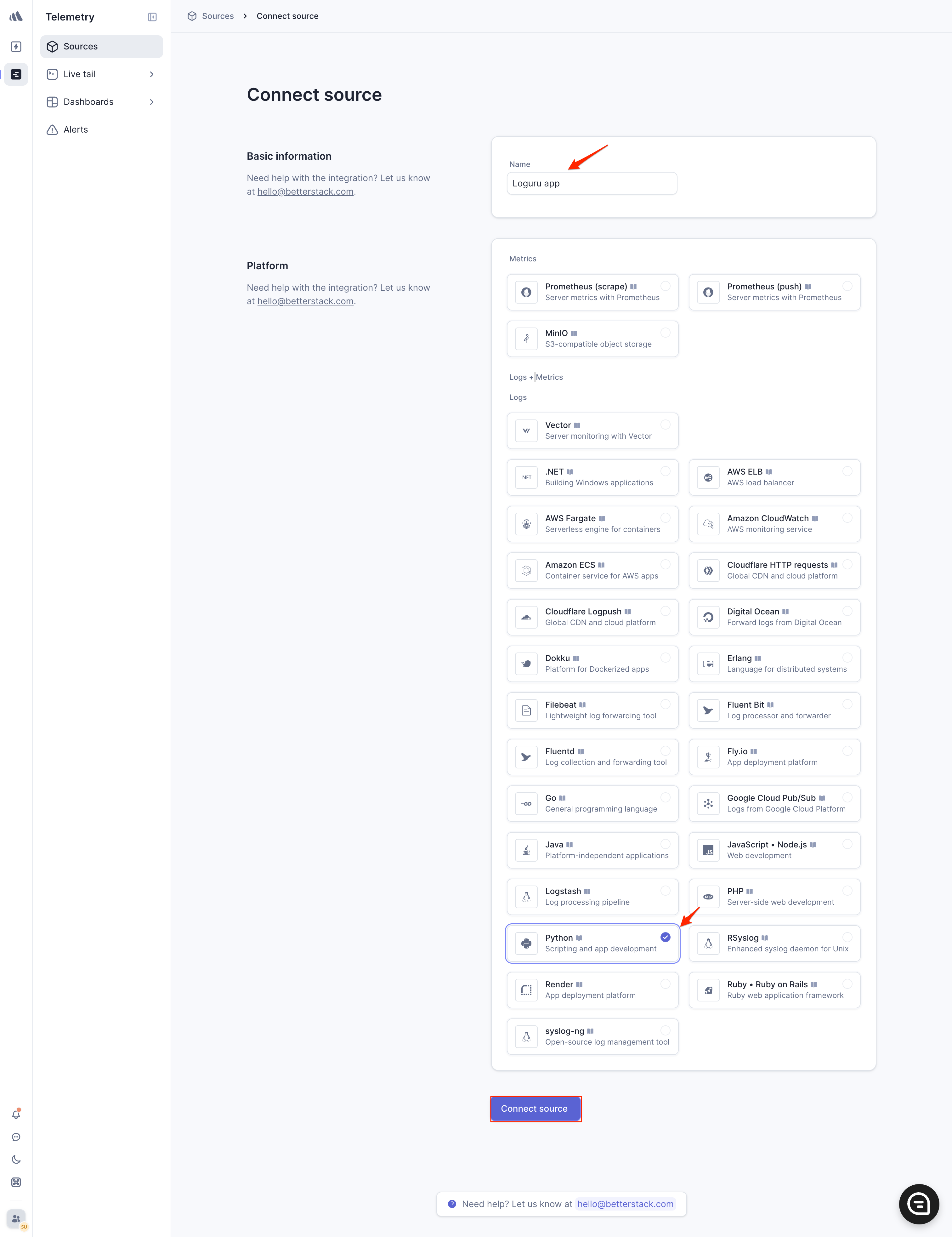 Create source dialog showing name field and Python platform selection