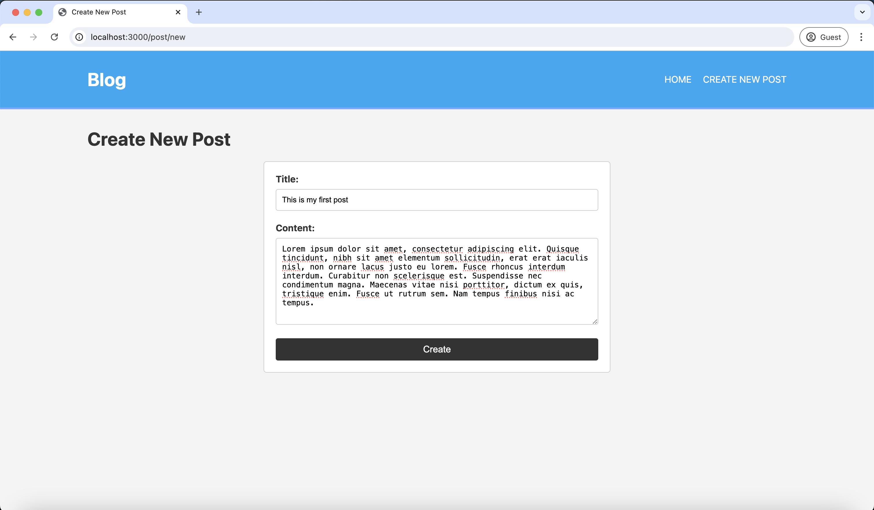 Screenshot of the filled form