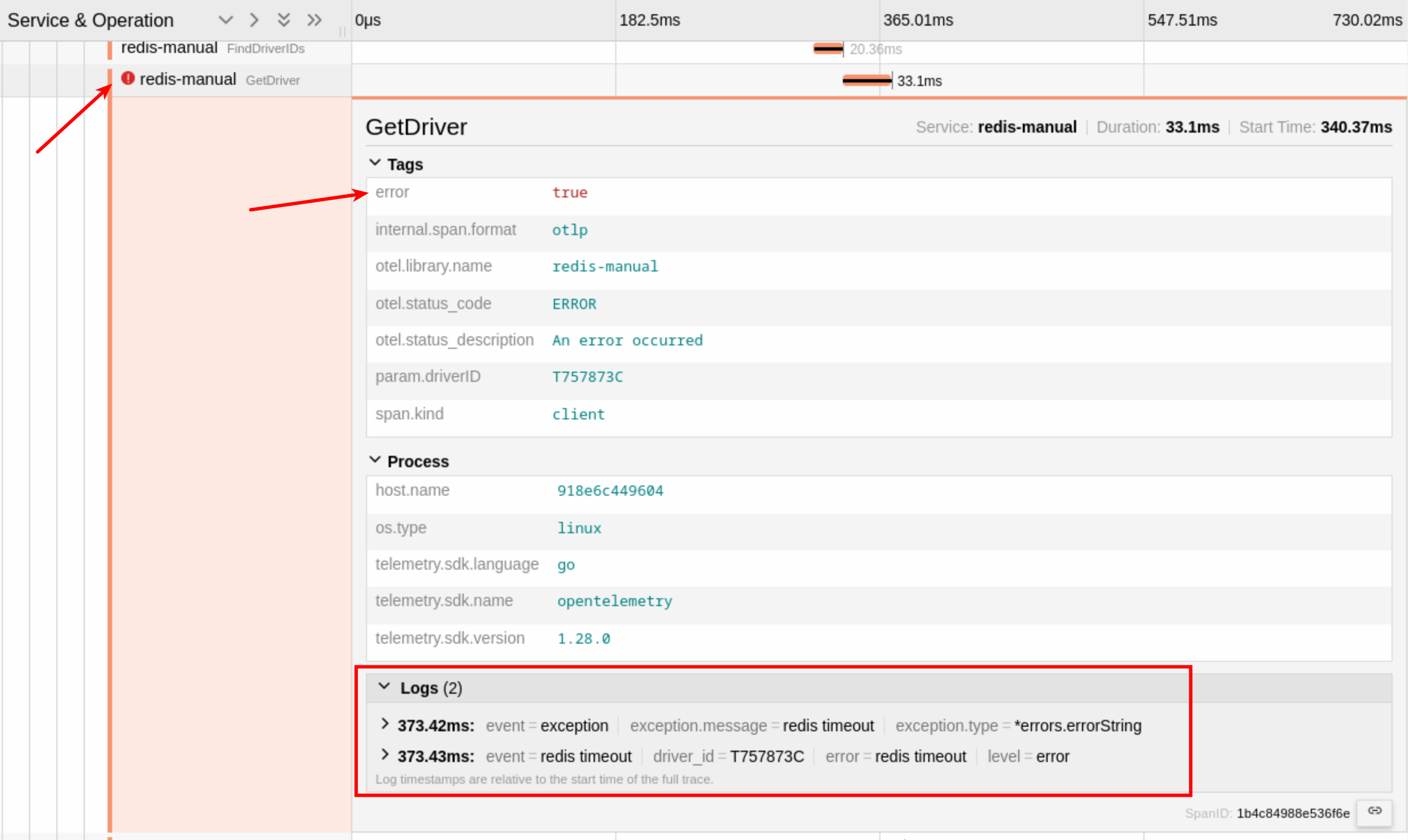 Jaeger Trace timeline showing redis-manual error in HotROD trace