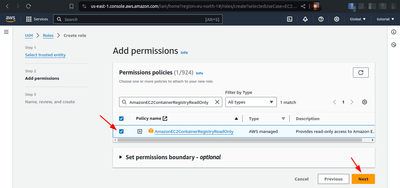 attach AmazonEC2ContainerRegistryReadOnly policy