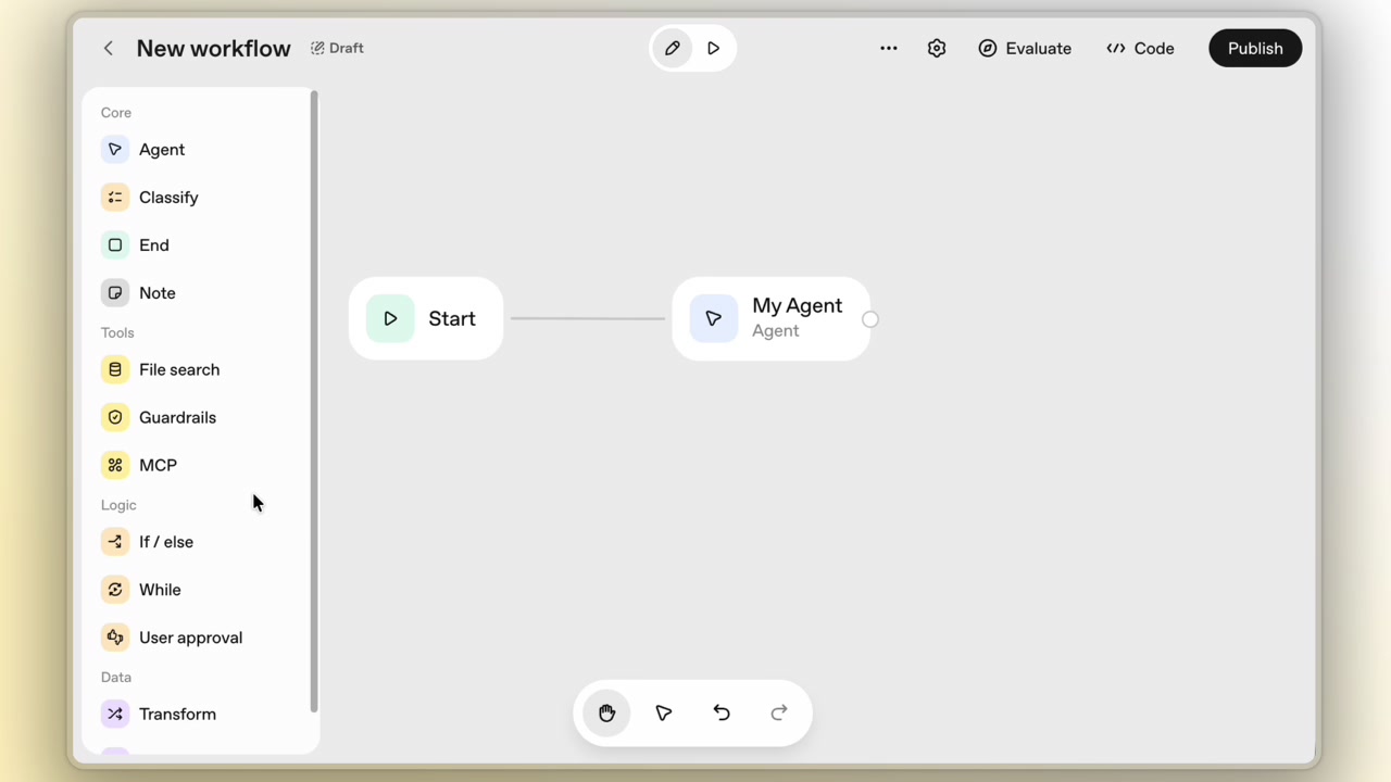 A demonstration of the Agent Builder's intuitive drag-and-drop interface, where different agent and logic nodes are connected to form a workflow