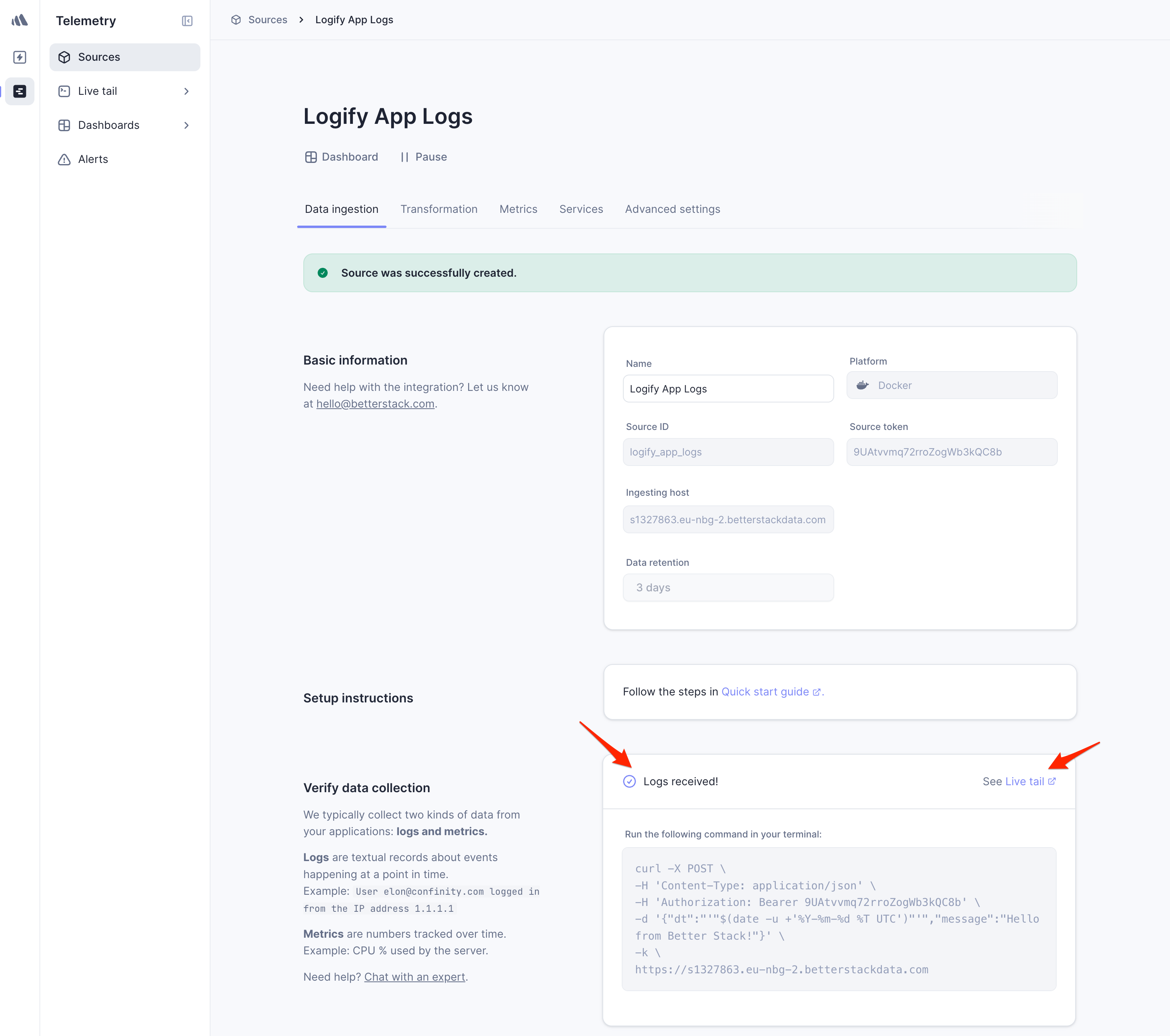 Logs received in Better Stack