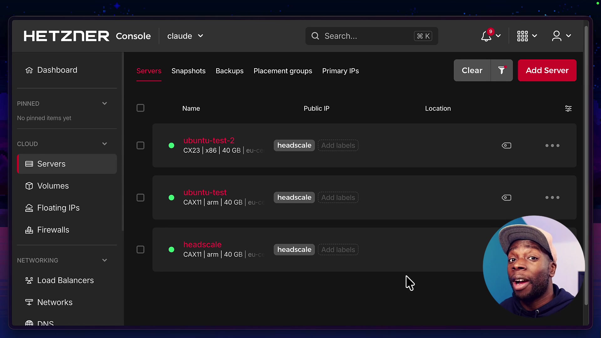 A list of three servers in the Hetzner cloud console.