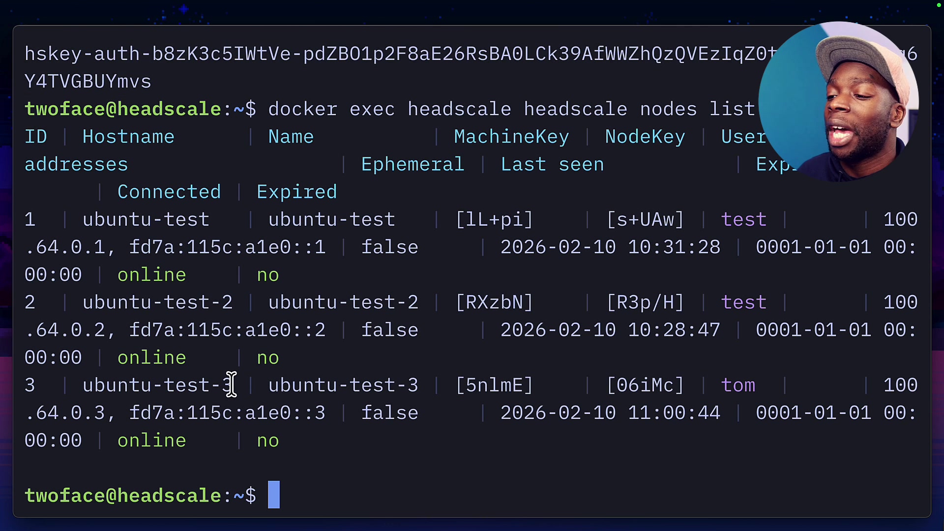 The terminal output after adding a new device, showing three nodes in the list, with the new one assigned to the user 'tom'.