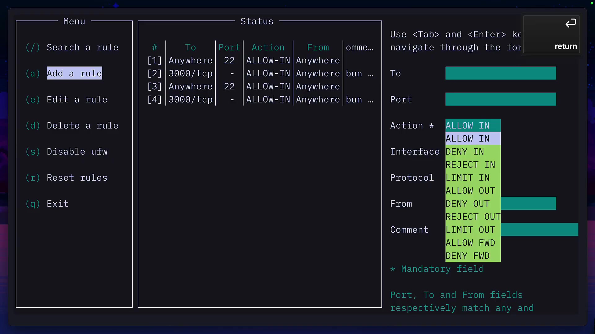 The dropdown menu for the "Action" field is shown, listing options like ALLOW IN, DENY IN, REJECT IN, and LIMIT IN.