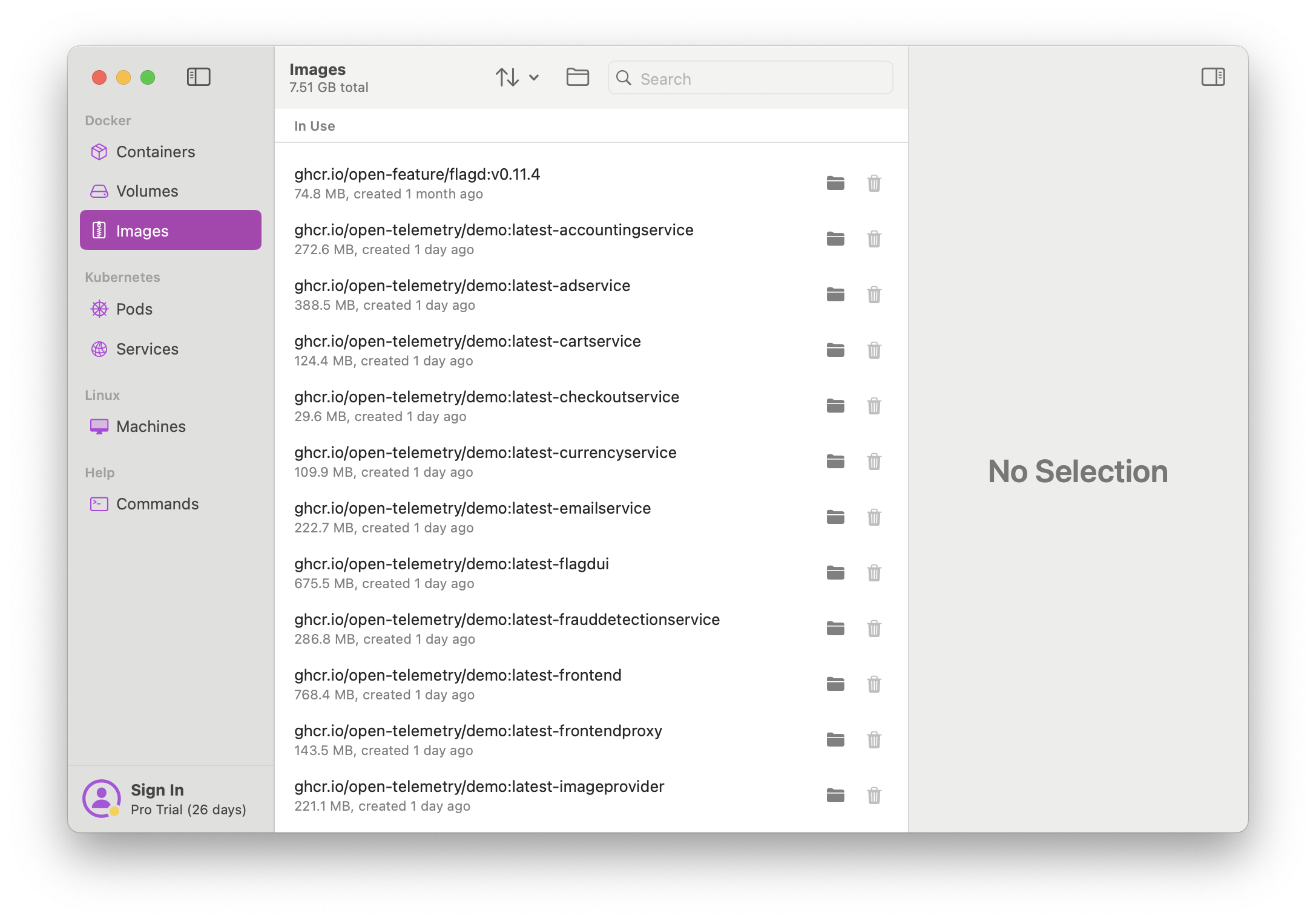 OrbStack interface showing the Images tab with a list of imported container images