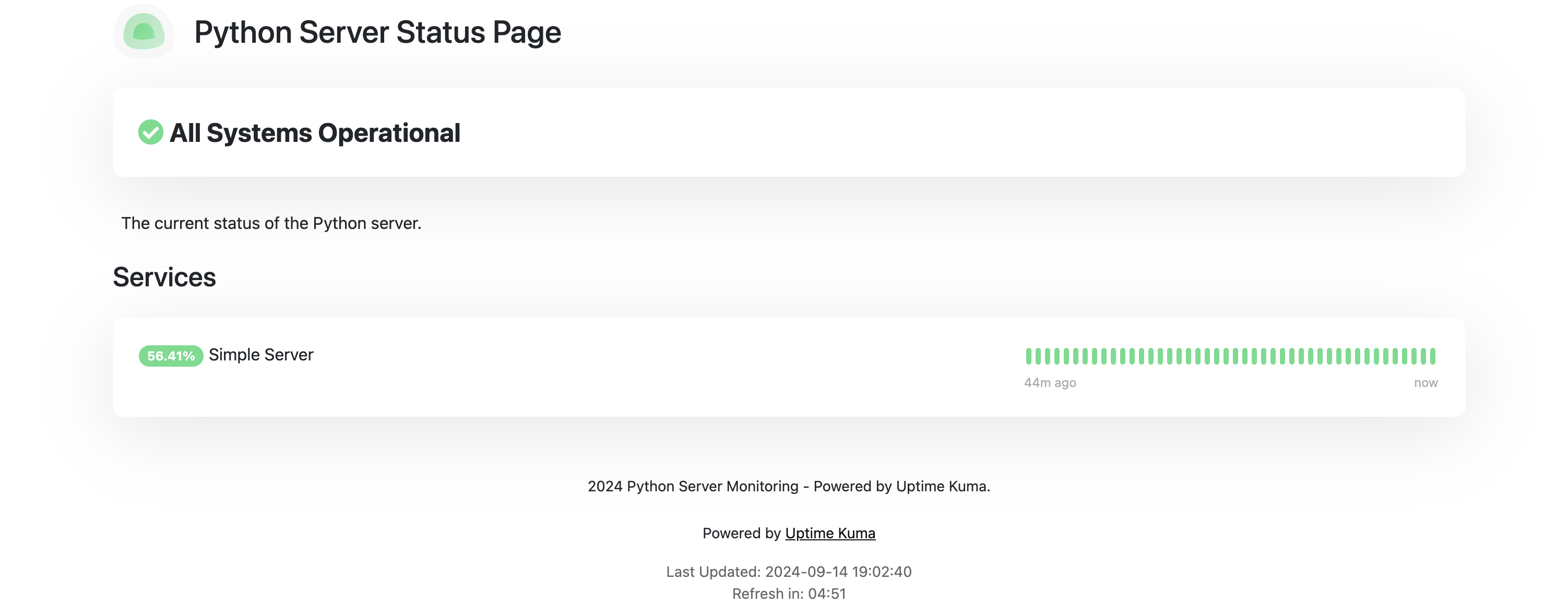 Screenshot of user view of the status page