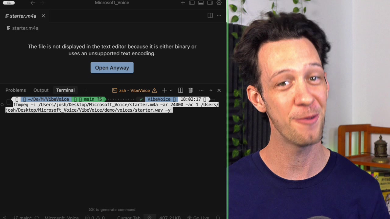 The `ffmpeg` command being executed in the terminal to convert an M4A audio file into the required WAV format.