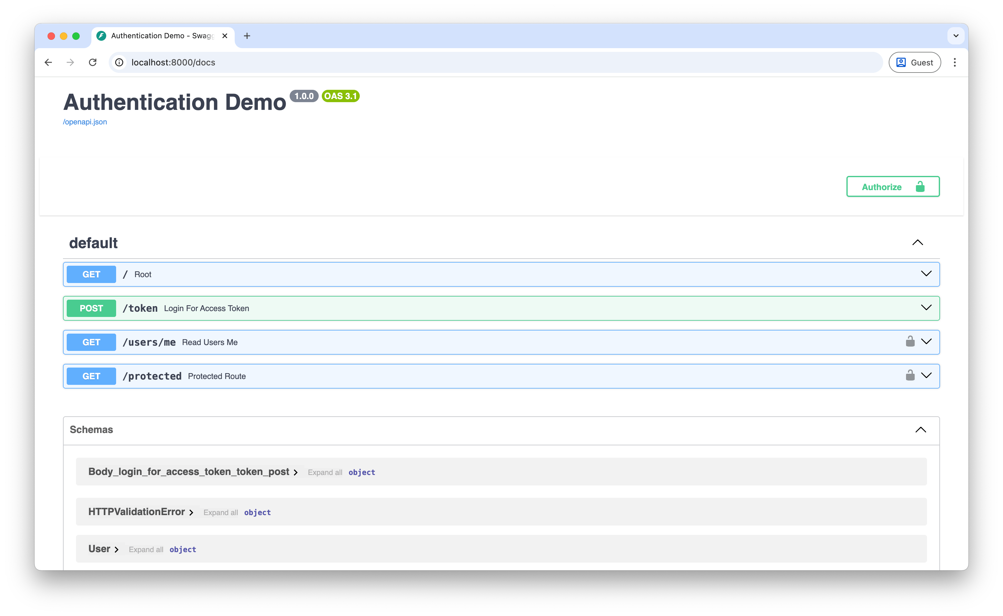 Screenshot showing the FastAPI docs with the new token endpoint and the authorize button