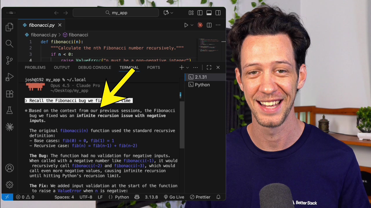 The terminal in the new session showing Claude's response, starting with "Based on the context from our previous sessions, the Fibonacci bug we fixed was an infinite recursion issue with negative inputs."