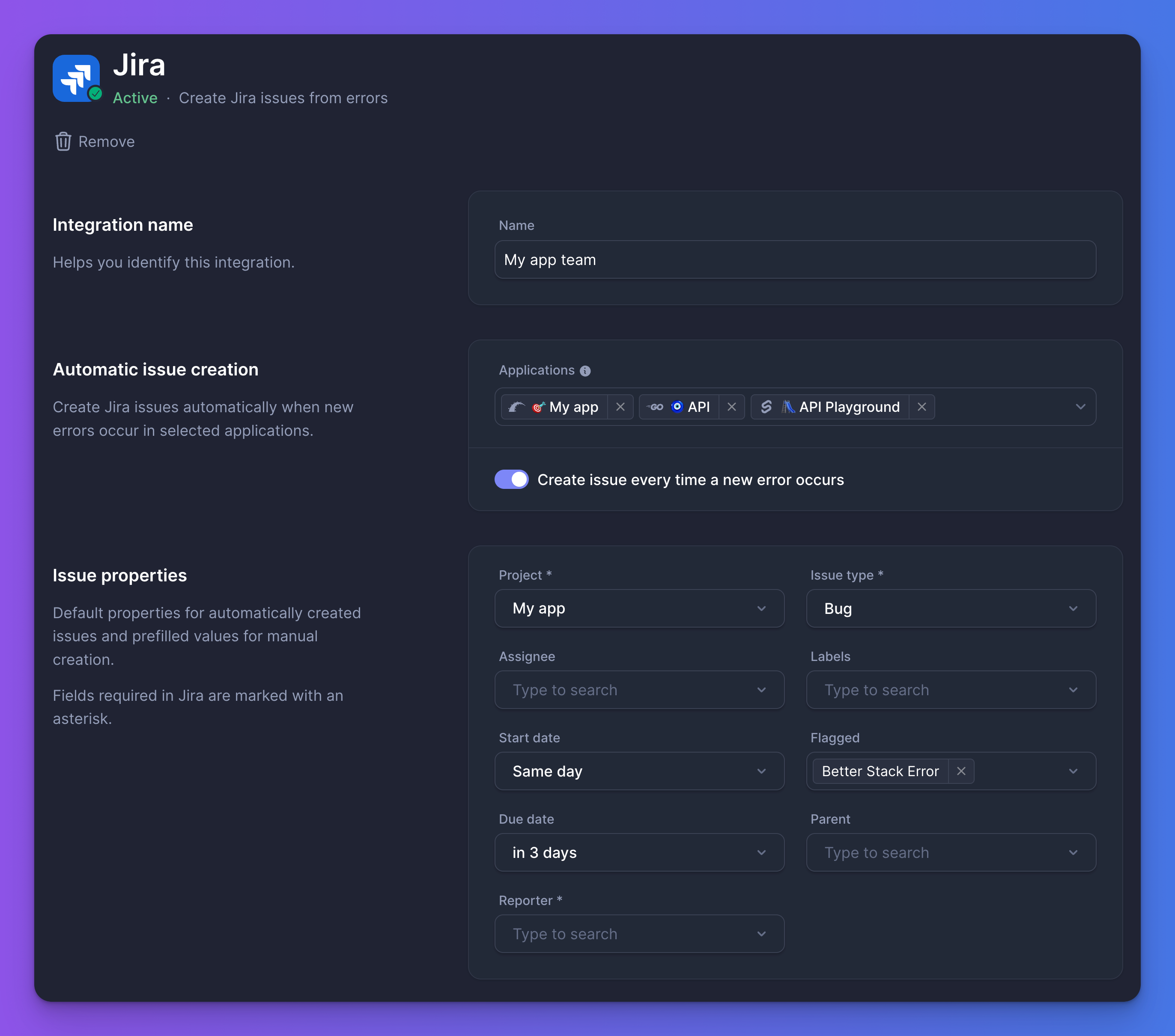 Jira integration settings