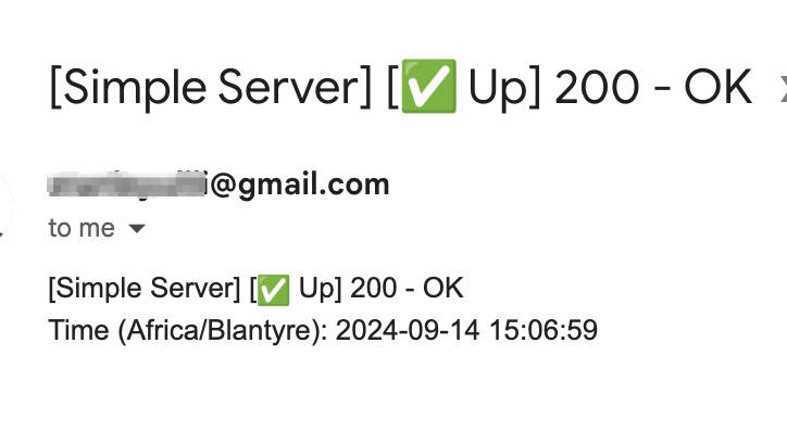 Screenshot of service-up email
