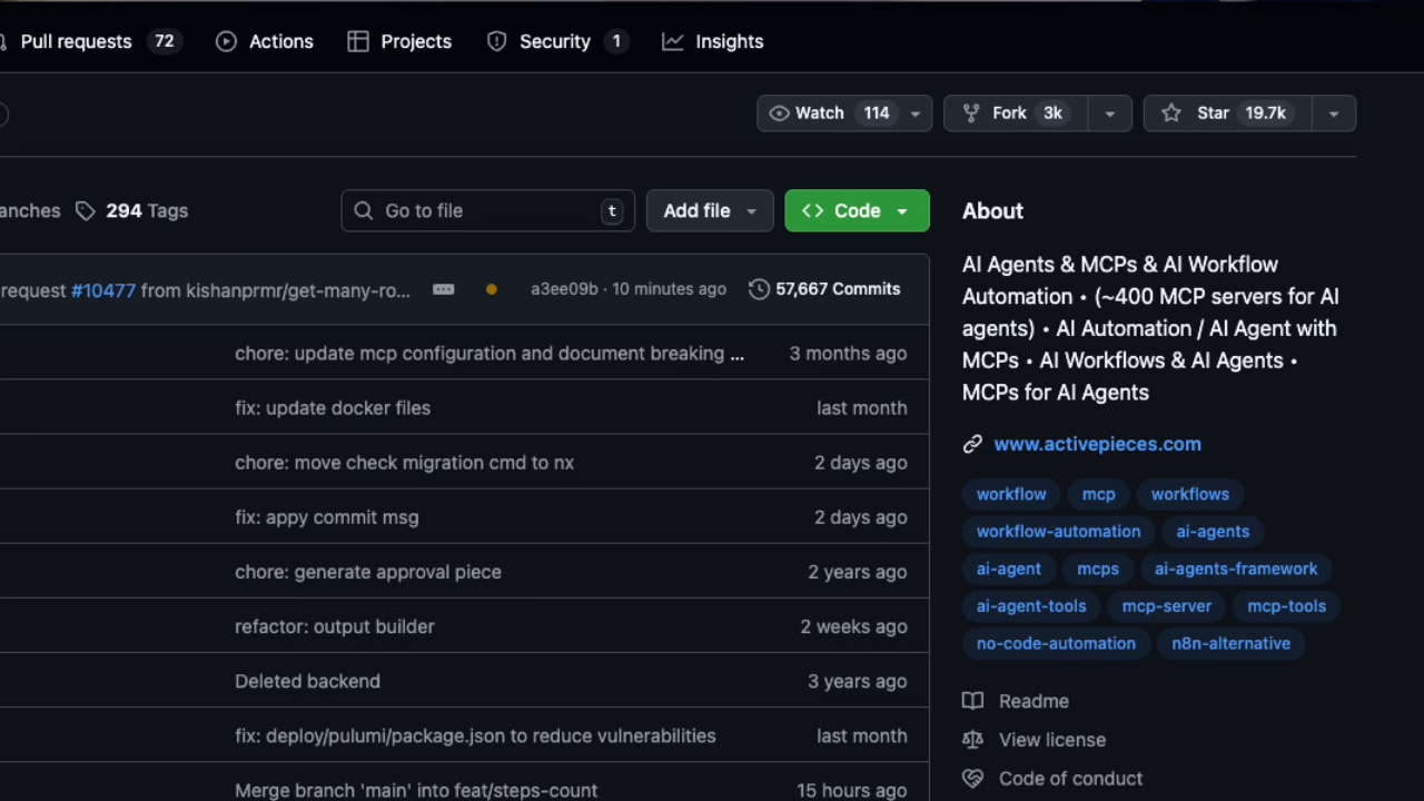 The Activepieces GitHub repository homepage, showcasing its popularity with nearly 20,000 stars.