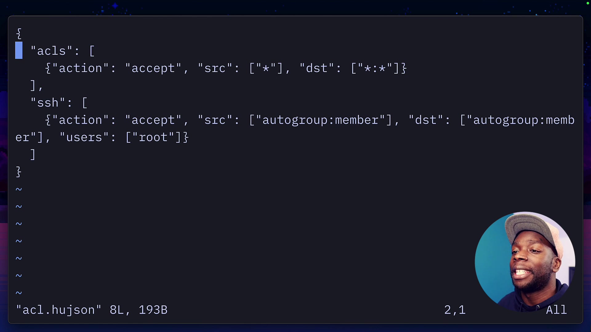The `acl.hujson` file containing the ACL and SSH rules.