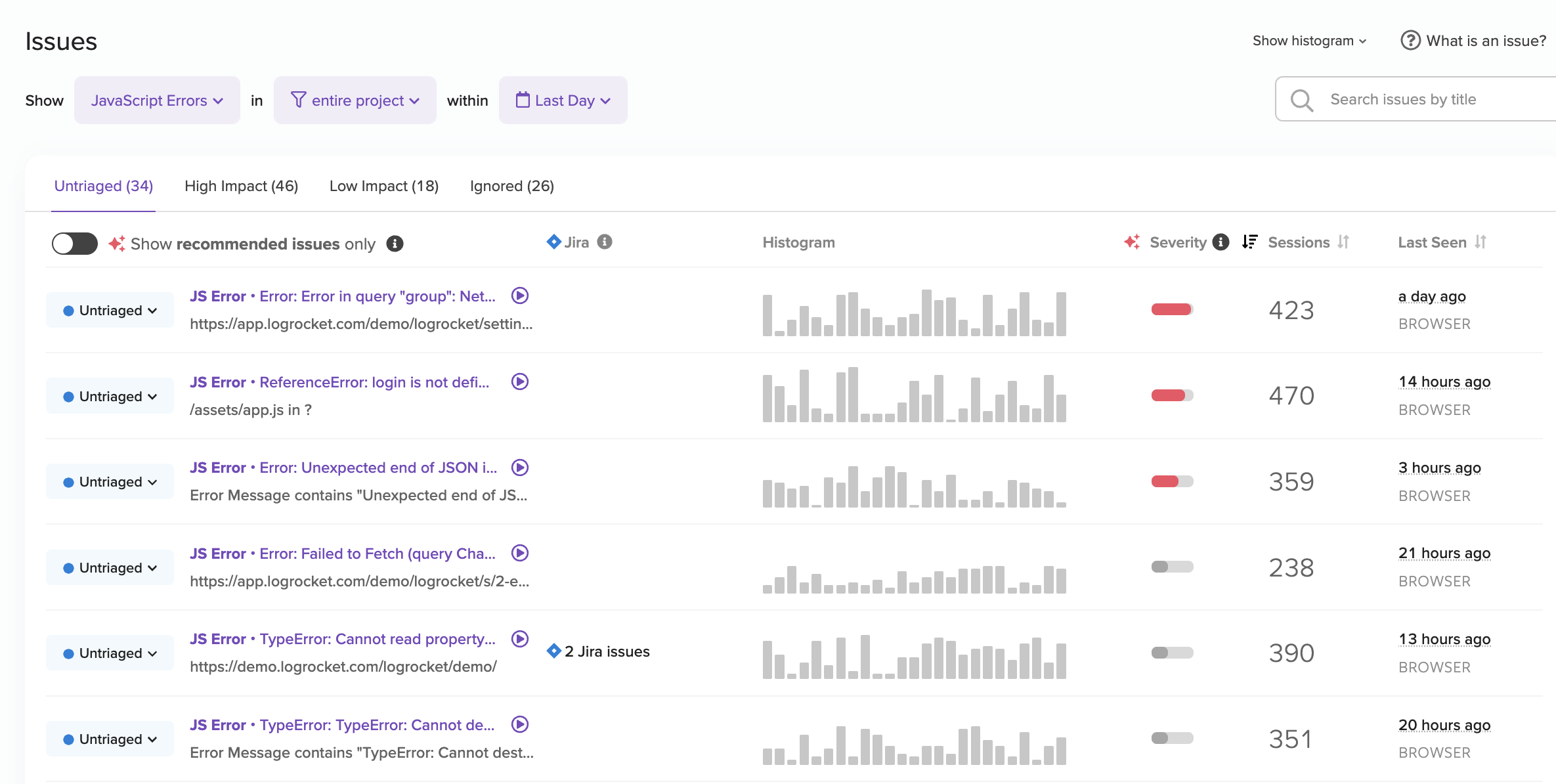 Screenshot of LogRocket dashboard