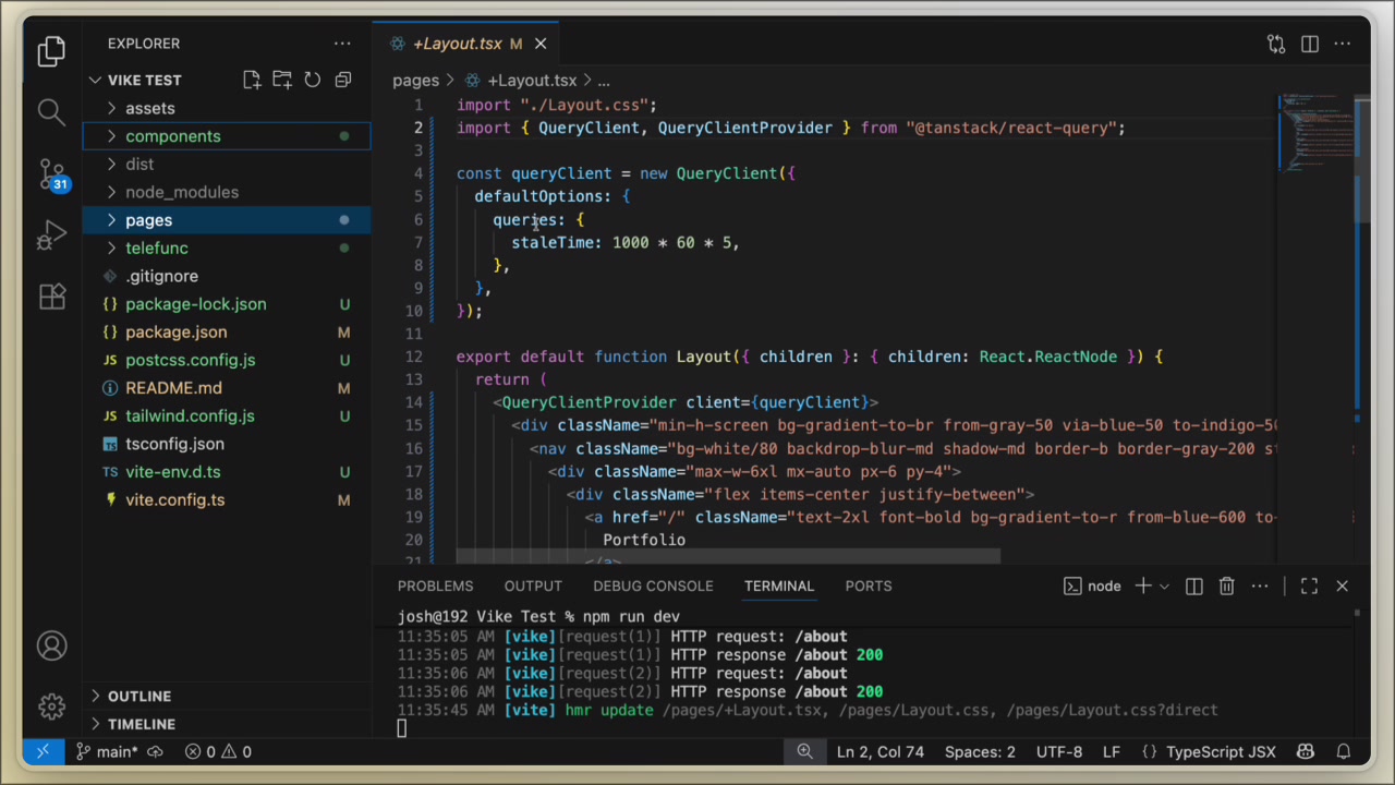 A screenshot of the Visual Studio Code interface showing the file and folder structure of a Vike project.