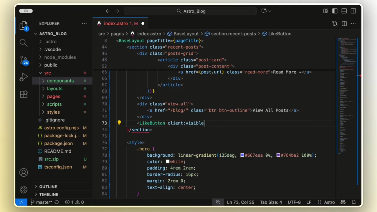 A React component being made interactive in Astro using the client:visible directive