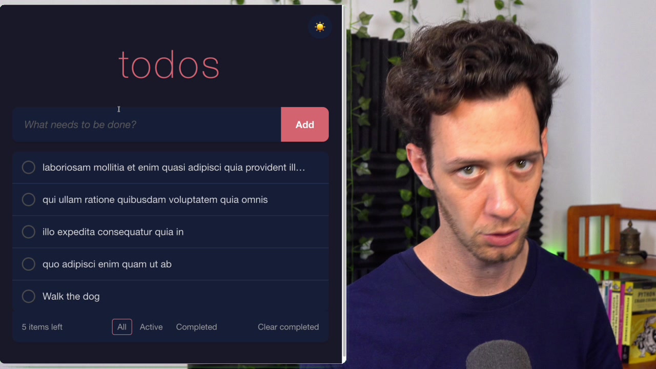 The final, refactored React To-Do application, showcasing the functional dark mode theme.