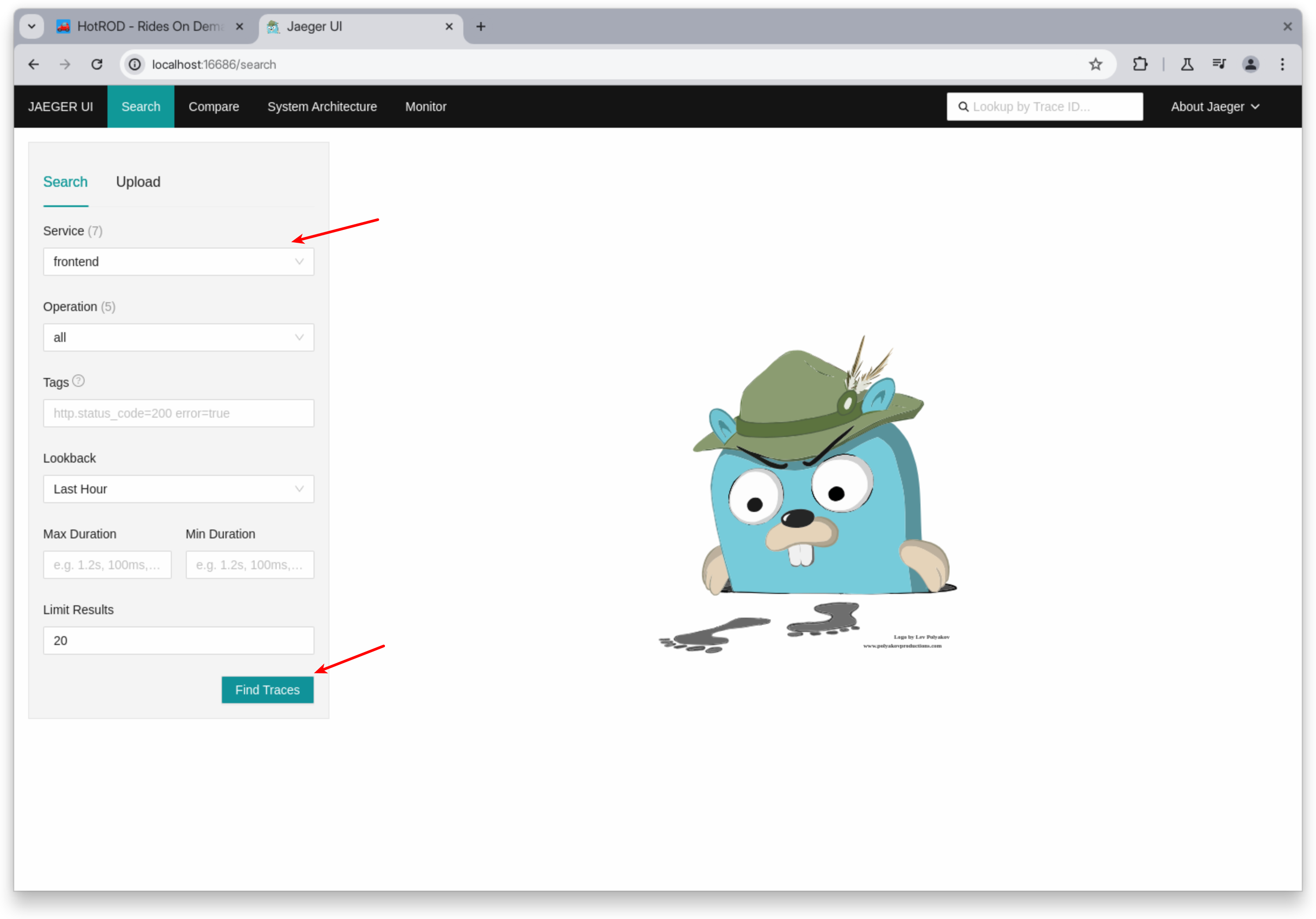 Selecting services and finding traces in Jaeger