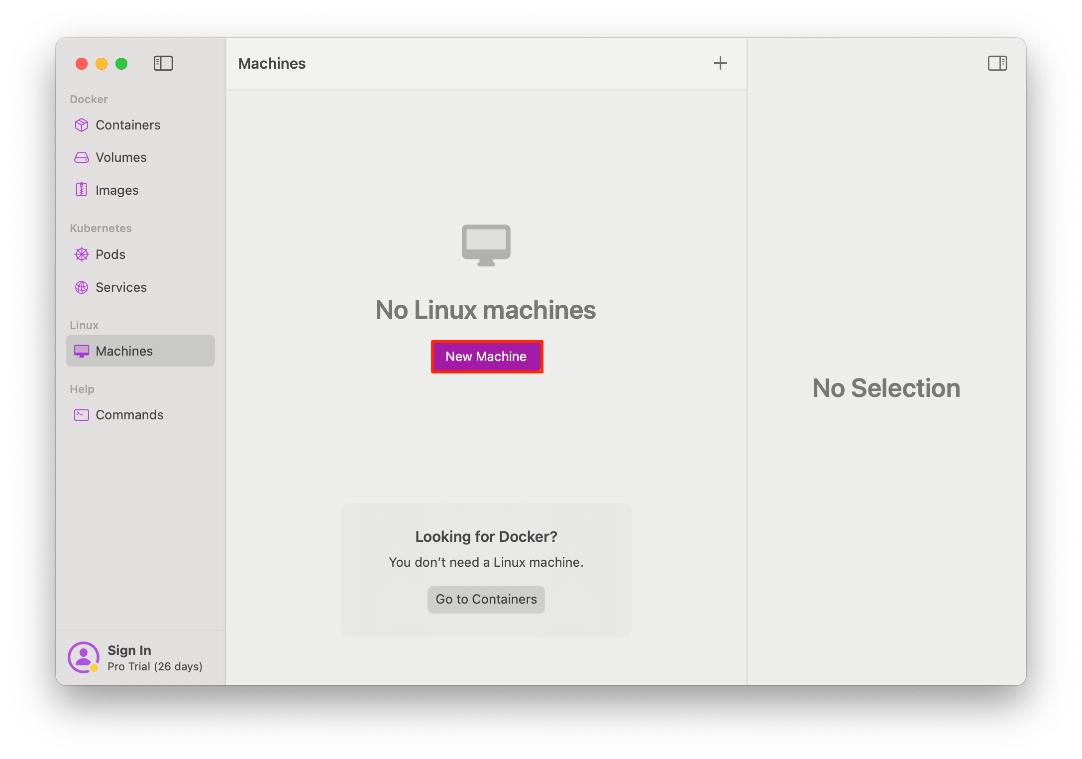 Screenshot of the Linux Machines tab and New Machine button