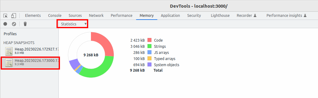 Screenshot of showing the memory usage of code, strings, arrays, etc